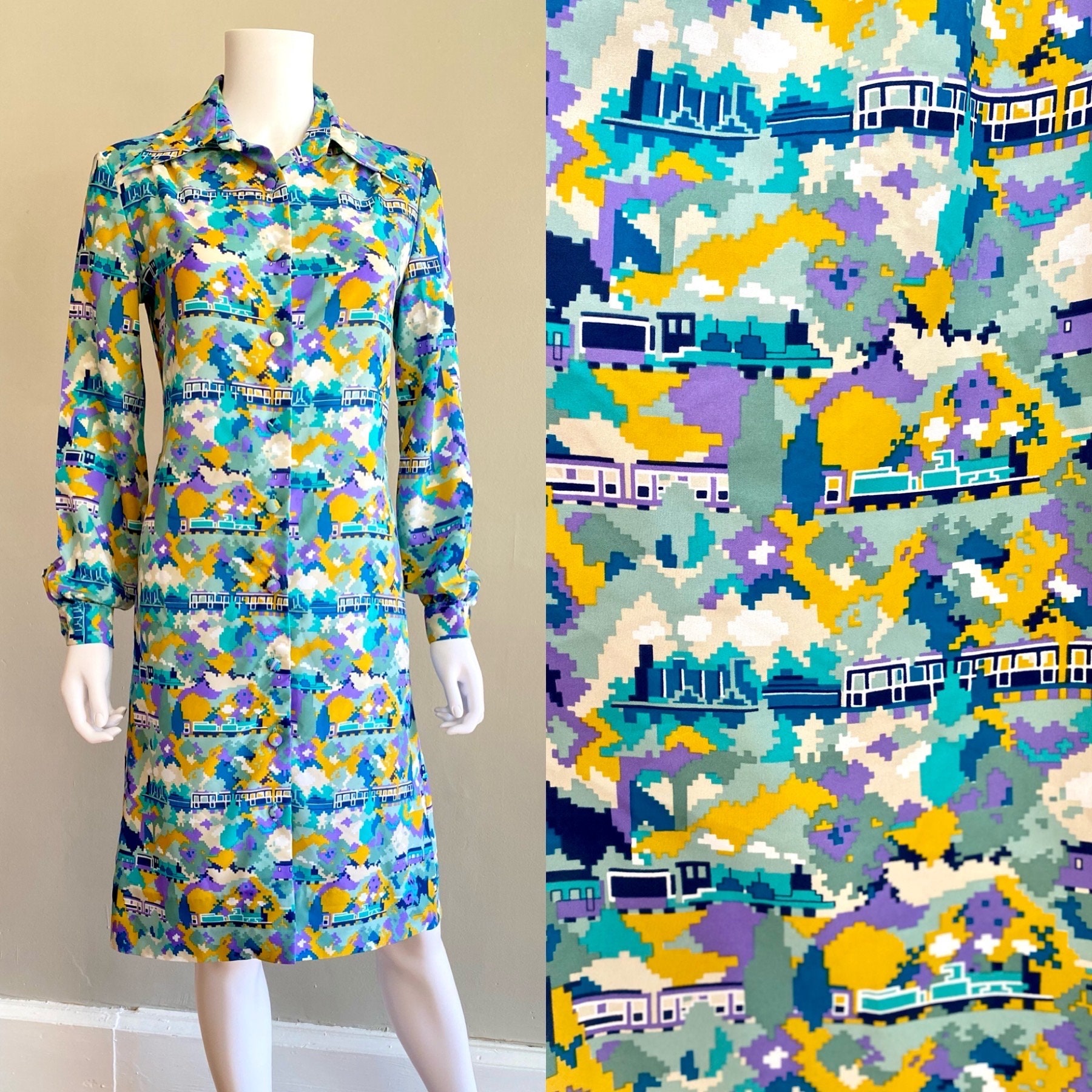 Vintage 1970s LANVIN Psychedelic Shirt Dress / Pixelated