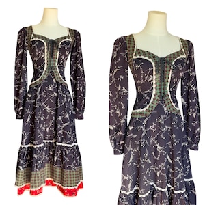 Vintage Gunne Sax-midi-jurk jaren 70, peplum, korsetlijfje, gemengde bloemen- en geruite print, prairieboho, XXS - XS