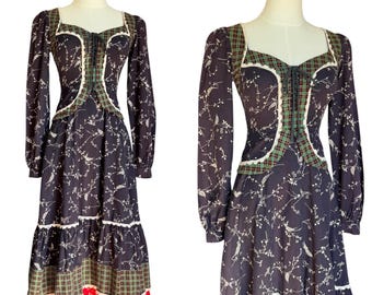Vintage 1970s Gunne Sax Calico Corset Bodice Midi Dress, Size 5 XS 23W ...