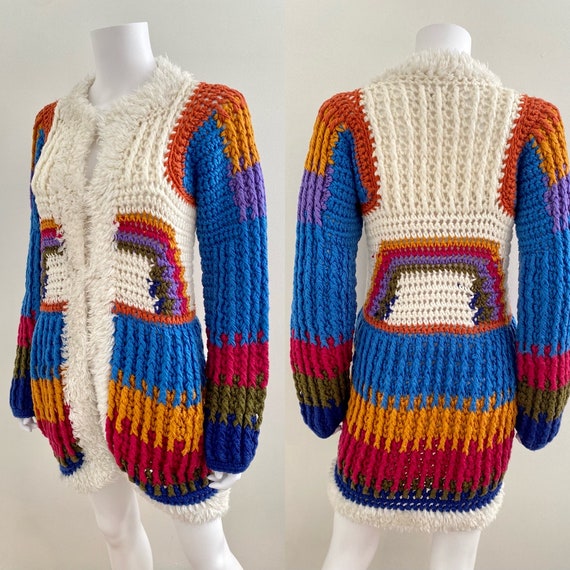 Vintage 1970s rainbow crochet knit cardigan sweater jacket w shaggy yarn  trim hippie boho S/M