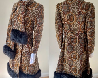 Vintage 1960s tapestry brocade carpet coat w faux fur trim attached scarf, belted, sz M