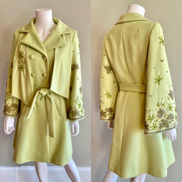 Vintage 1970s LILLI ANN heavily beaded embroidered double breasted knit coat pearl & rhinestone embellished pistachio color size Small