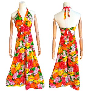 Vintage 1970s psychedelic floral print halter palazzo pants jumpsuit, day glo print, Xs