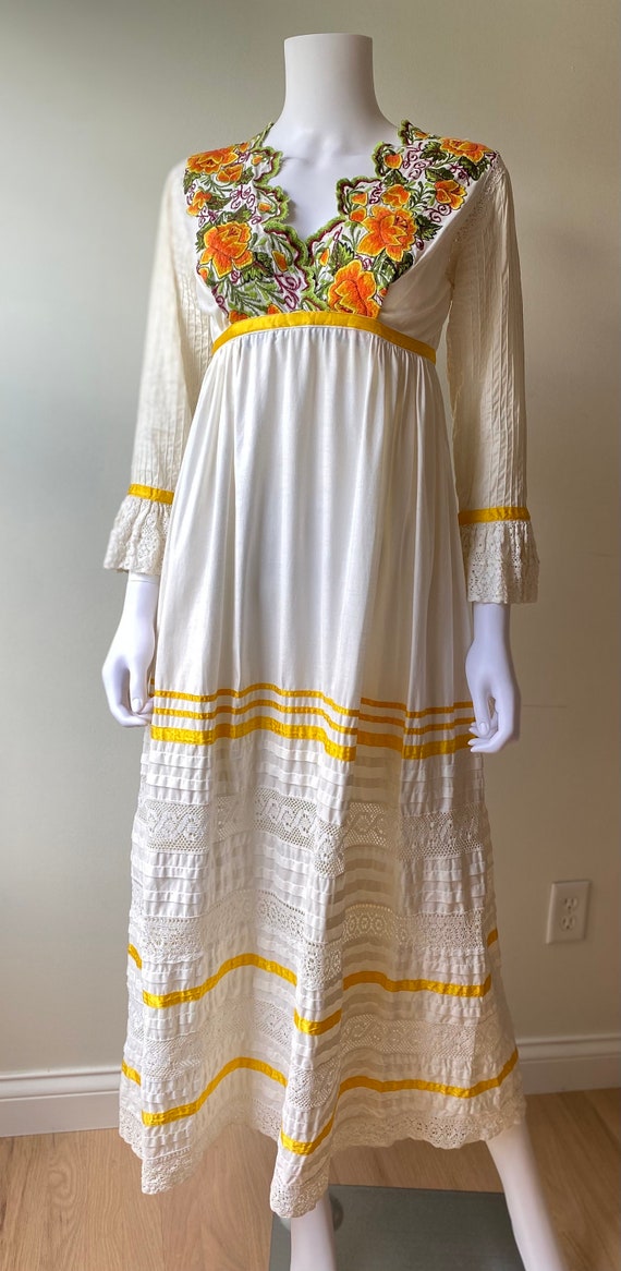 Vintage 1960s 70s Georgia CHARUHAS Mexican Wedding Dress Pin Tuck  