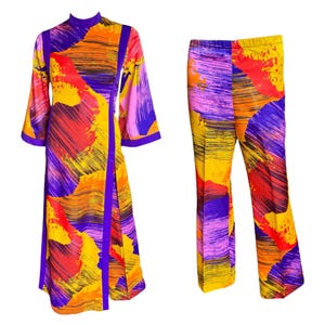 Vintage 1970s Tori Richard Honolulu psychedelic hawaiian hostess pant suit, maxi tunic dress & pants set, abstract day glo color print, XS