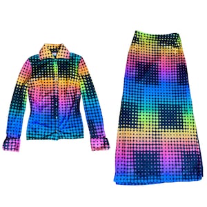 Vintage 1970s rainbow ombré psychedelic op art dots print, semisheer blouse and maxi skirt set, Sm