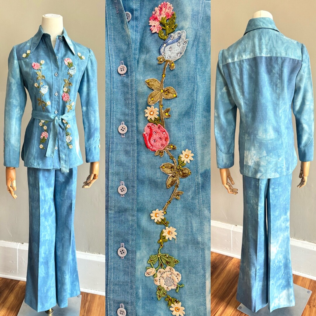 Vintage 1970s Black Wool Rhinestone Western Pant Suit | XS/S