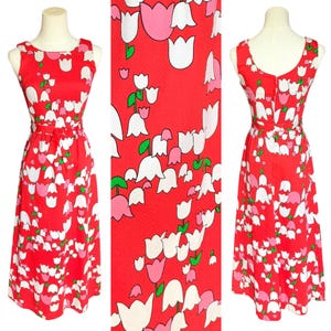 Vintage 1970s MALIA Honolulu tulip maxi dress, cartoon flowers pop art floral novelty print, hawaiian cotton, XS