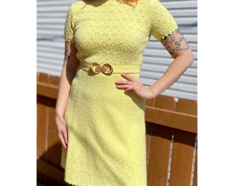 Vintage ST. JOHN KNITS 1960s 1970s mod smart preppy sunshine yellow pointelle knit short sleeve dress w belt