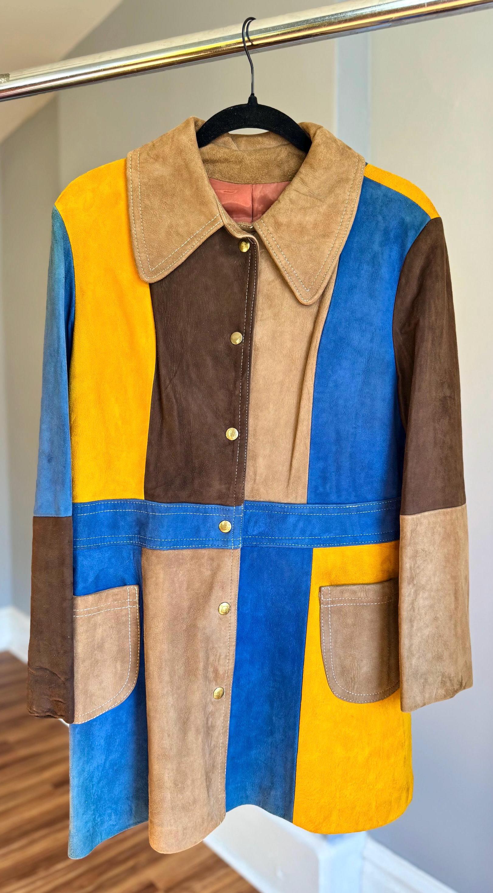 Retro Color Block Jacket Vintage 1970s Multicolor Suede Color Block Jacket, Patchwork Leather ...