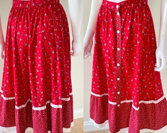 Vintage 1970s calico print prairie cotton midi skirt cottage core red white blue floral cottage core Gunne Sax STYLE Xs