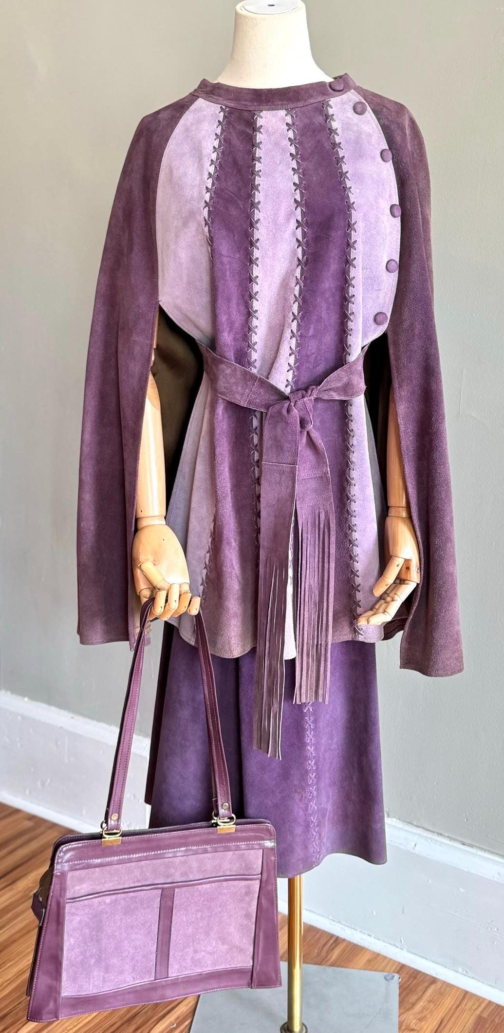 Vintage 1970s Two Tone PURPLE SUEDE Cape, Wrap Skirt, Fringe