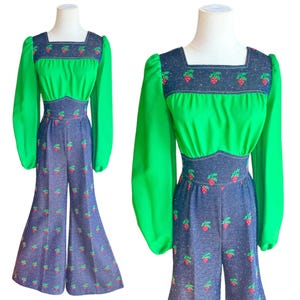 Vintage 1970s PBJ strawberry bell bottom jumpsuit, fruit strawberries novelty print, XS