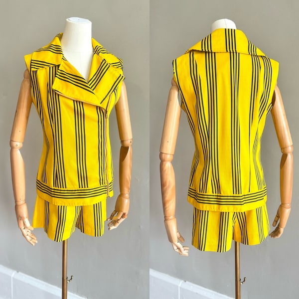 Vintage 1970s MOD yellow & navy striped vest and shorts / hot pants set / cotton sz Sm