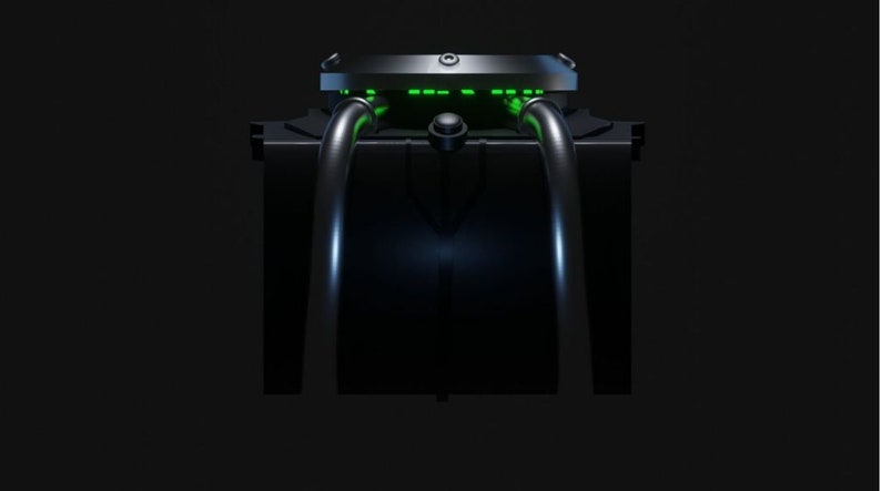 May include: A black and green computer cooling system with two large pipes and a glowing green light on the top.