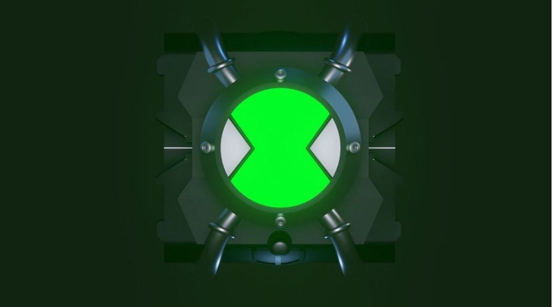 May include: A green and black Omnitrix watch with a glowing green symbol in the center. The watch has a metallic finish and a square shape.