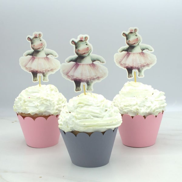 Ballerina Hippo Cupcake Toppers | Cupcake Toppers| Fully Assembled Cupcake Toppers | Birthday Cupcake Toppers