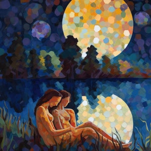 Pu&ograve; includere: Due figure sedute insieme in un campo di erba alta, illuminate da una grande luna gialla nel cielo notturno. La luna &egrave; composta da molti piccoli cerchi colorati. Le figure sono nude e hanno i capelli lunghi e scuri.