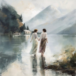 Sapphic impressionist style wall art prints | LGBT wlw vintage paint home art decor | Lesbian couple in Italy   | Solo 3