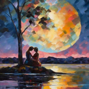 Pu&ograve; includere: Due figure in silhouette siedono vicino a un lago sotto una grande luna colorata. La luna &egrave; dipinta in tonalit&agrave; di giallo, arancione, rosso e blu. Le figure sono in silhouette contro la luna e il lago.