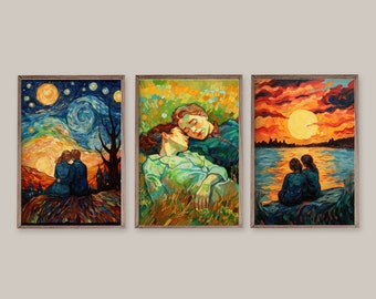 Conjunto de 3 pinturas murales impresionistas lesbianas, LGBT, wlw, lesbianas, estampados sáficos, pareja femenina queer, mujeres besándose, mujeres abrazándose