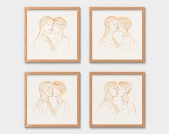 Set of 4 sapphic abstract line wall art prints | LGBT wlw vintage home art decor | Queer women romantic | Lesbian gay couples kissing |