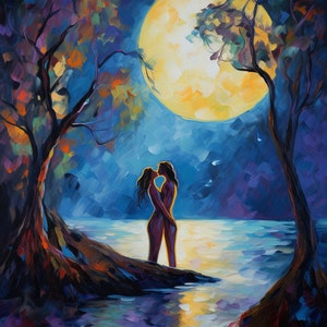Set di 3 quadri lesbici in stile impressionista / LGBT wlw lovers stampe d'arte sapphic / Coppia lesbica fare l'amore al chiaro di luna immagine 4