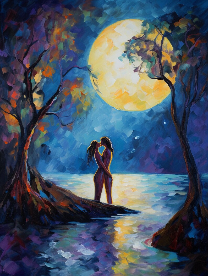 Set di 3 quadri lesbici in stile impressionista / LGBT wlw lovers stampe d'arte sapphic / Coppia lesbica fare l'amore al chiaro di luna immagine 4