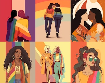 Pride Wall Prints | WLW Lesbian Kiss Abstract Retro Art | LGBT Pride | Hi-Res Prints