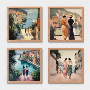 Conjunto de 4 impressões de arte de parede em estilo impressionista sáfico | Decoração de arte para casa com pintura vintage LGBT wlw | Casal de lésbicas na Itália |
