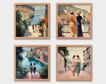 Set di 4 stampe d'arte da parete in stile impressionista saffico / LGBT wlw vintage paint home art decor / Coppia lesbica in Italia /