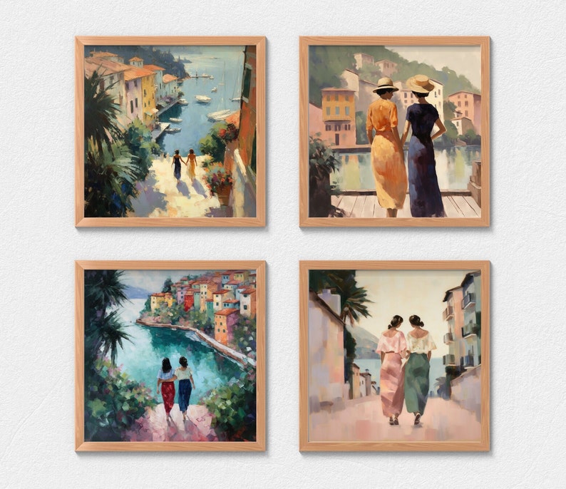 Conjunto de 4 impresiones de arte de pared de estilo impresionista sáfico / Decoración de arte del hogar de pintura vintage LGBT wlw / Pareja lesbiana en Italia /