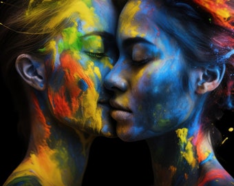 Lesbian pride abstract wall art - 18 horizontal variations | wlw queer rainbow paint art | LGBT lesbian couple | Pride instant download