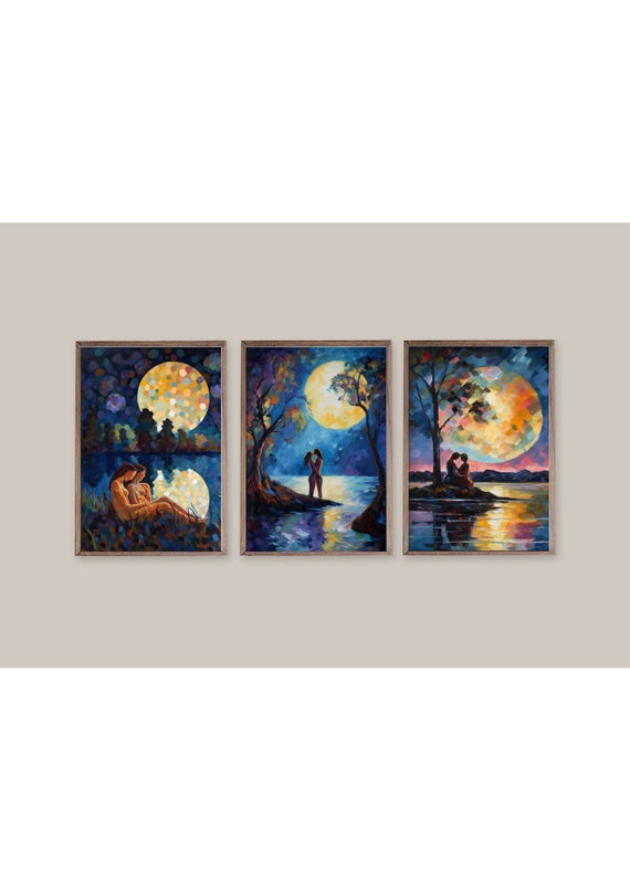 Set of 3 lesbian paintings impressionist style | LGBT wlw lovers sapphic art prints | Lesbian couple lovemaking in moonlight