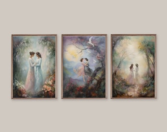 May include: Three framed paintings depicting two women in various settings. The first painting shows two women in a forest with a light blue and pink dress. The second painting shows two women in a forest with a light blue dress and a pink dress. The third painting shows two women in a forest with a light pink dress and a white dress.