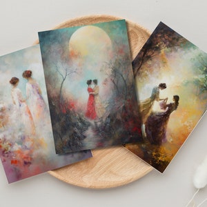 Conjunto de 3 cartões lésbicos para impressão | arte impressionista lunática sonhadora do estilo cartão comemorativo | cartão wlw | Arte de pintura de casal de lésbicas | wlw casal