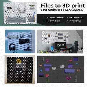 Puede incluir: Un sistema de panel perforado blanco con accesorios como teclado, auriculares y mando. Se muestra el texto "Files to 3D print" y "Your Unlimited PLEXABOARD". El sistema está diseñado para impresión 3D fácil y es montable en la pared.