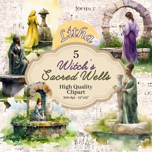 Clipart de aquarela de poços de água sagrada, solstício de verão, imagens de Litha, Pagan Sabbat PNG, 300 DPI, clipart de bruxa, arte de bruxa feminina,