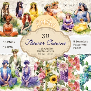Puede incluir: Un conjunto de arte digital de 30 coronas de flores, 13 PNG, 12 JPG y 5 papeles estampados sin costuras. Las coronas son ilustraciones de acuarela de flores en varios colores, incluyendo rosa, amarillo, azul y morado. Los papeles también son ilustraciones de acuarela de flores y hojas.