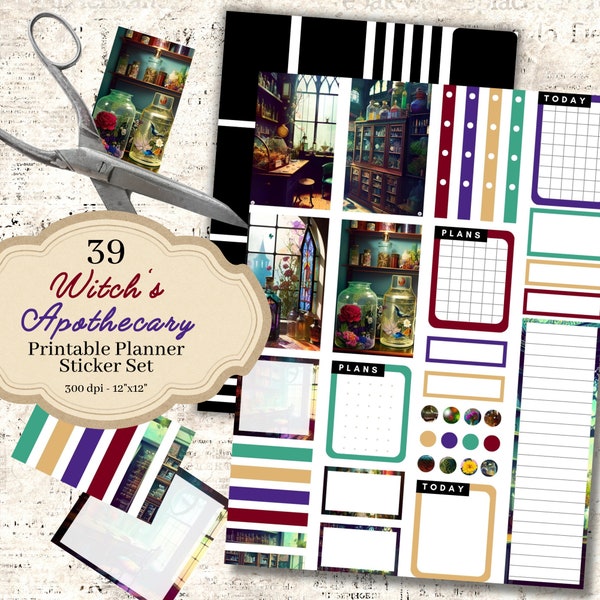 Witch Apothecary Printable Stickers, Pagan Scrapbook, Specimen Jar, Erin Condren Stickers, Vertical Planner, Bullet Journal, Library Images