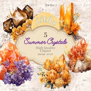 Summer Solstice Crystal Clipart, Litha Sabbat, Pagan Witchy Artwork, Carnelian, Orange Selenite, Tigers Eye, Citrine, Sunstone