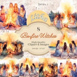 Bonfire Witches Watercolor Clipart, Summer Solstice, Litha, Pagan Sabbat Images, Coven Clipart, Witch Coven, Book of Shadows Stickers