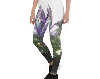 Puede incluir: Leggings blancos con un gran diseño floral abstracto en tonos morados, verdes y negros. Los leggings tienen una cintura alta y una silueta ajustada, adecuados para actividades deportivas o ropa casual.