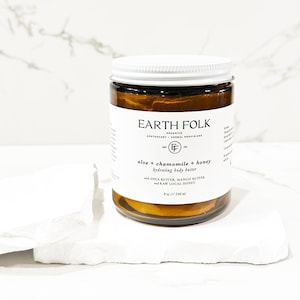 Burro per il corpo montato / Aloe + camomilla + burro al miele / Con burro di karitè, burro di mango e miele grezzo locale / Crema per il corpo ricca e completamente naturale