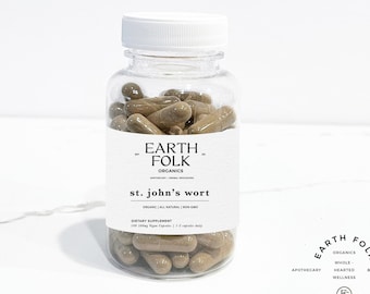 May include: A clear plastic bottle filled with brown capsules labeled "EARTH FOLK ORGANICS st. john's wort ORGANIC ALL NATURAL NON-GMO DIETARY SUPPLEMENT 100 500mg Vegan Capsules 1-2 capsules daily"