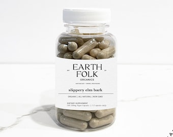 May include: A clear glass bottle filled with brown capsules labeled "EARTH FOLK ORGANICS slippery elm bark ORGANIC | ALL NATURAL | NON GMO DIETARY SUPPLEMENT 100 500mg Vegan Capsules | 2 capsules daily"