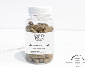 May include: A clear plastic bottle filled with brown capsules labeled "EARTH FOLK ORGANICS damiana leaf ORGANIC ALL NATURAL NON-GMO DIETARY SUPPLEMENT 100 500mg Vegan Capsules 1-2 capsules daily"