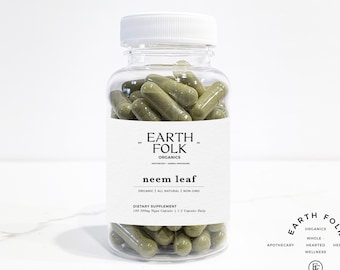 May include: A clear plastic bottle filled with green capsules labeled "EARTH FOLK ORGANICS neem leaf ORGANIC | ALL NATURAL | NON GMO DIETARY SUPPLEMENT 100 500mg Vegan Capsules | 1-2 Capsules Daily"