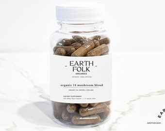 Organic 14 MUSHROOM Blend, 500mg Vegan Capsules, FREE Shipping, No Fillers, Non GMO, Herbal Supplements