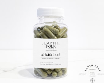 May include: A clear plastic bottle filled with green capsules labeled "EARTH FOLK ORGANICS alfalfa leaf ORGANIC ALL NATURAL NON GMO DIETARY SUPPLEMENT 100 500mg Vegan Capsules | 1-2 Capsules Daily"